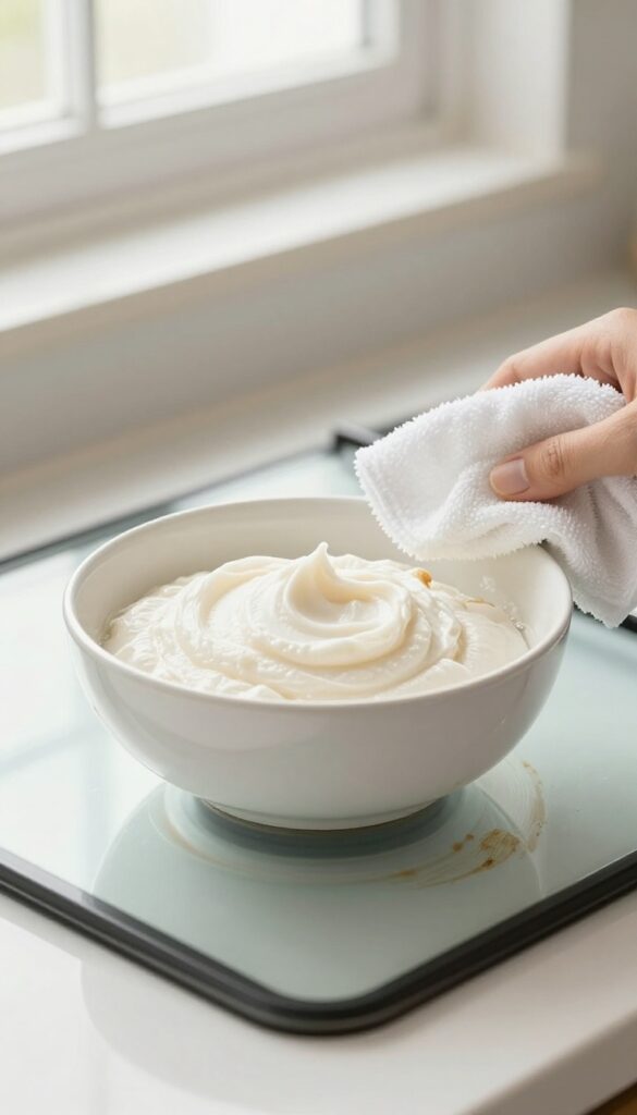 Baking soda paste on glass stove top for cleaning burnt spots