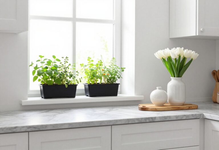 Light and airy kitchen with white cabinets, marble countertops, and fresh herbs on the windowsill