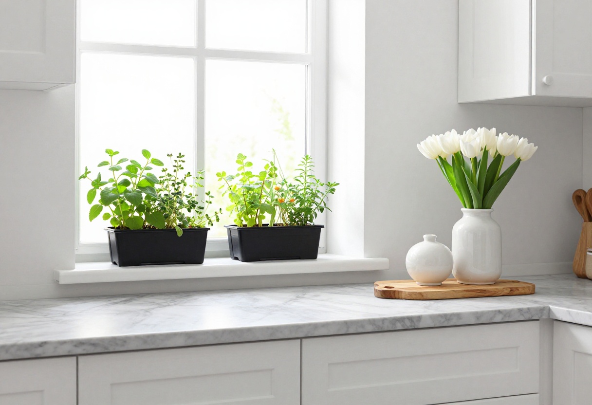 Light and airy kitchen with white cabinets, marble countertops, and fresh herbs on the windowsill