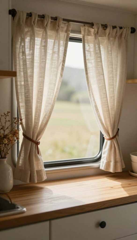 Cozy caravan kitchen window with soft linen curtains tied back, natural light filtering through, countertop with ceramic dishes and dried flowers