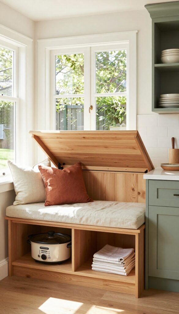 Built-in window bench with storage underneath in a warm, cozy kitchen, showing open compartments with organized kitchen items and soft cushion.