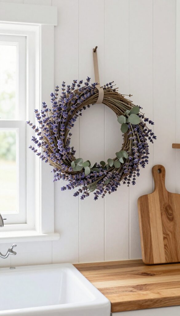 A dried lavender wreath hanging above a farmhouse kitchen sink, with natural light and white shiplap wall.