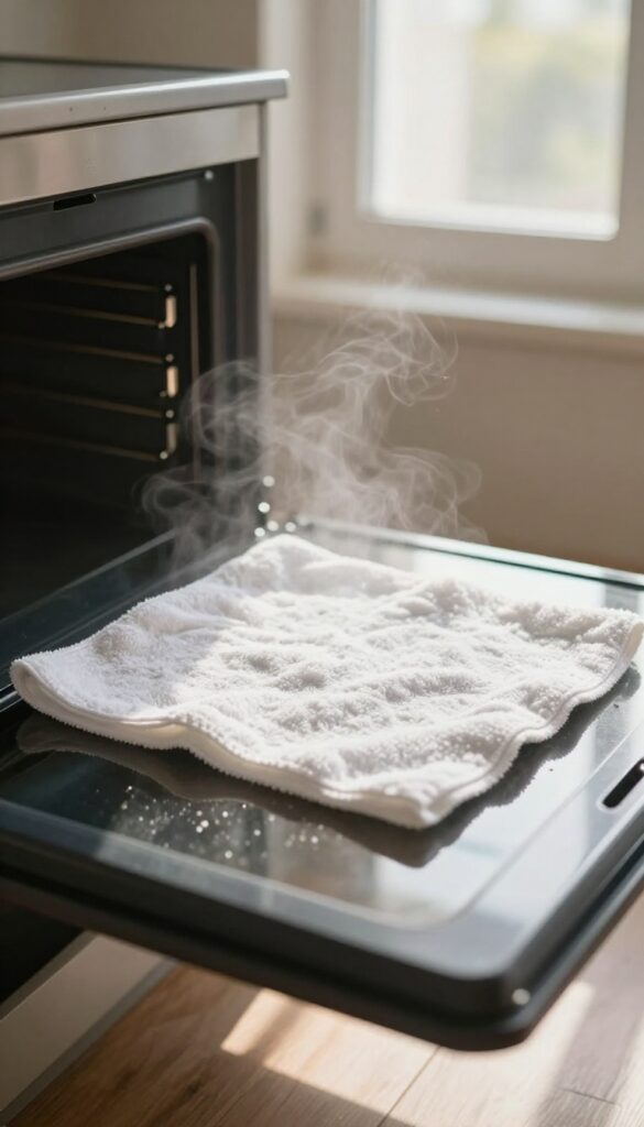Steam cleaning oven with a wet towel inside