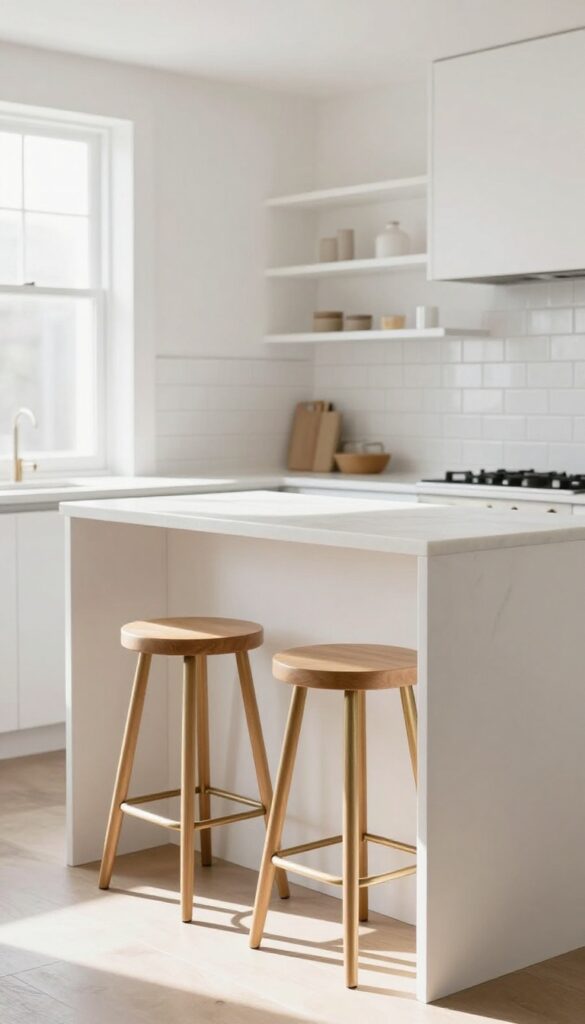 Kitchen island with two single-post bar stools in brushed brass and light oak, bright natural light, airy atmosphere.