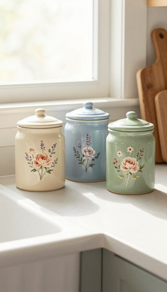 Three vintage-inspired ceramic canisters in soft cream, pale blue, and sage green with floral motifs on a bright shabby chic kitchen countertop.