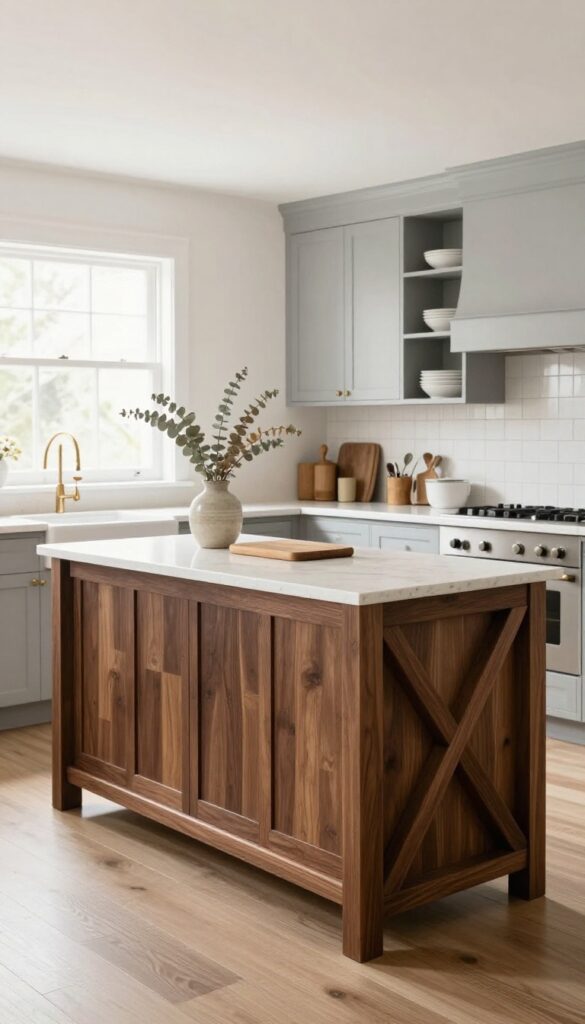 Kitchen island with dark walnut X-frame legs in a bright, airy kitchen