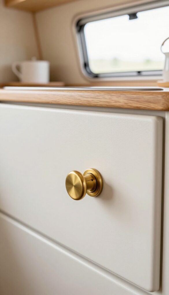 Close-up of caravan cabinet hardware swap with warm brass knob and walnut pull, natural light, cozy feel