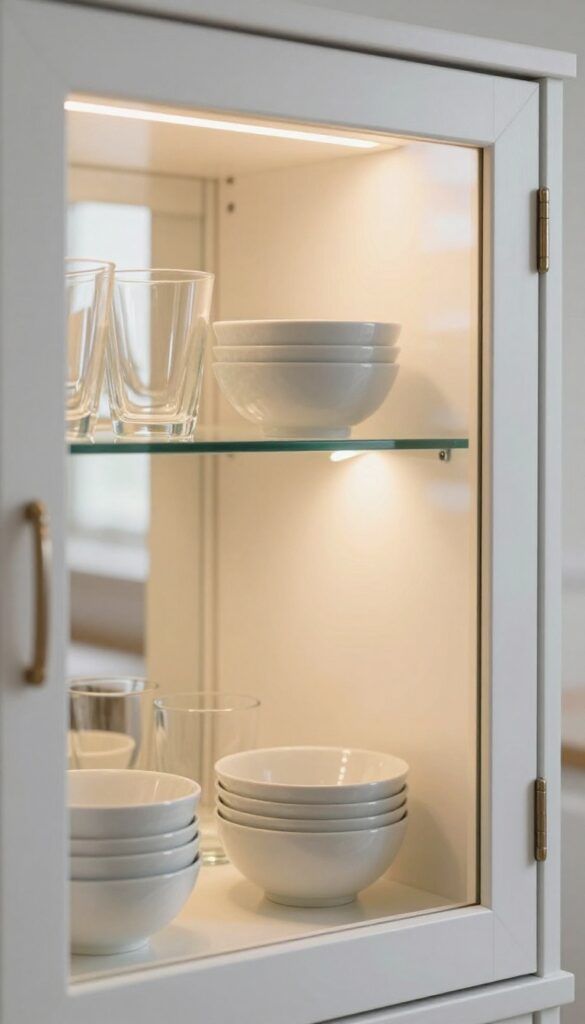 Glass-front kitchen cabinet with puck lights illuminating ceramic bowls and glassware