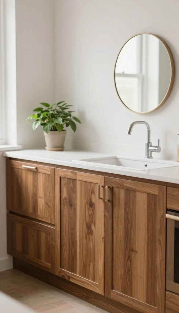 Small kitchen with brown cabinets and a round mirror leaning on the counter, reflecting light and greenery