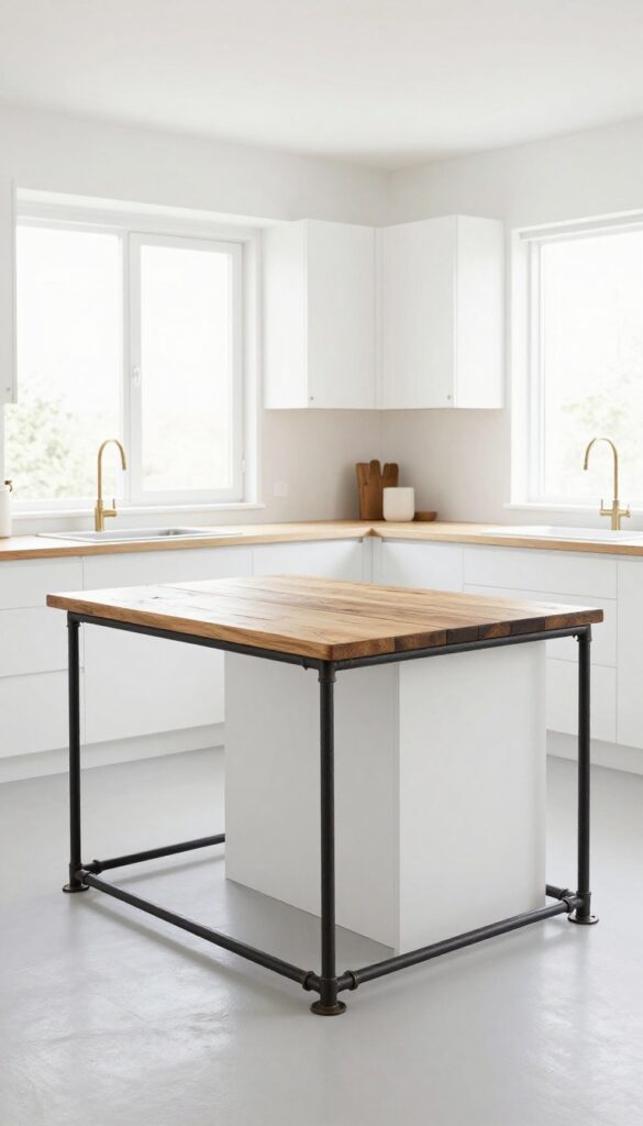 Small kitchen island made of black iron pipes and reclaimed wood in a bright, airy kitchen