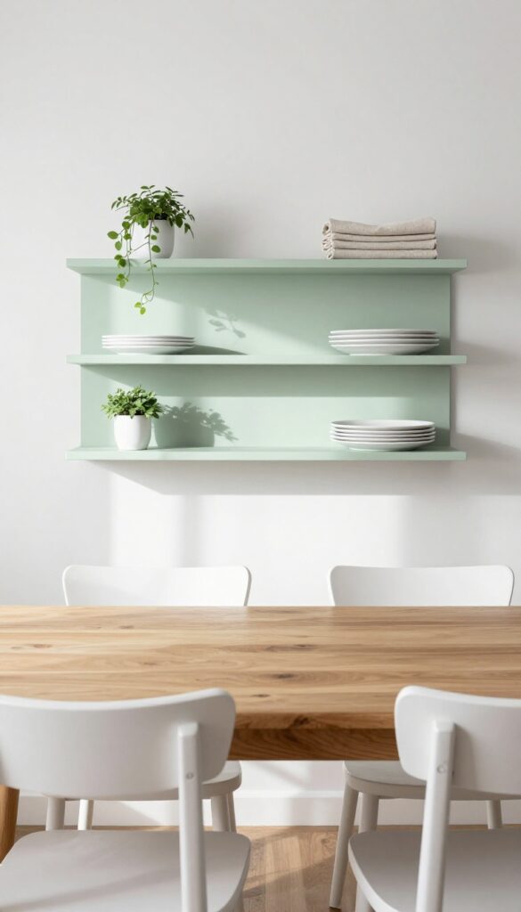 Floating shelves above a dining table with white dishes, a trailing plant, and linen napkins in a bright, airy room.