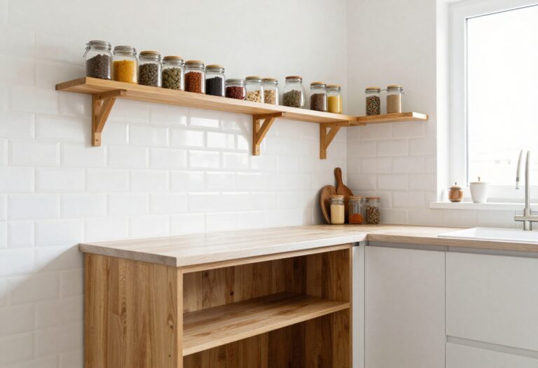 Small Indian kitchen with open shelves, spice jars, and a fold-down breakfast nook