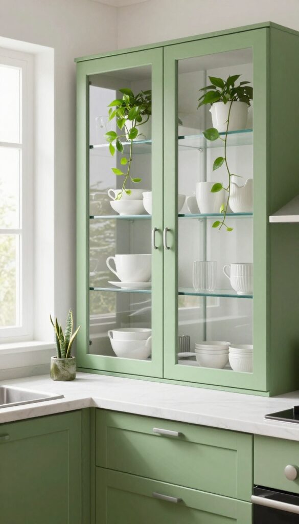 Modern kitchen with green glass-front cabinets, white ceramics, and trailing plants on shelves
