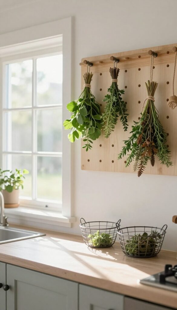 Herb drying pegboard beside a sunny kitchen window with hanging herb bundles and wire baskets