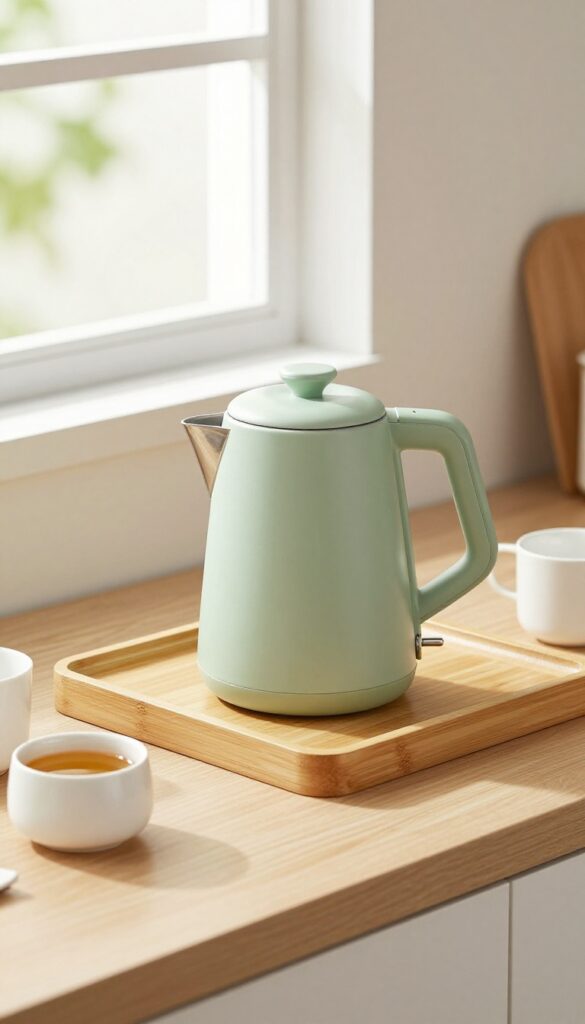 Decorative tea time tray on kitchen counter with kettle, mugs, and tea accessories