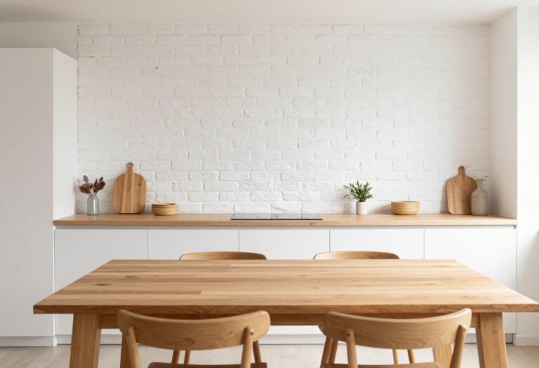 Modern kitchen with whitewashed brick wall and wooden dining table