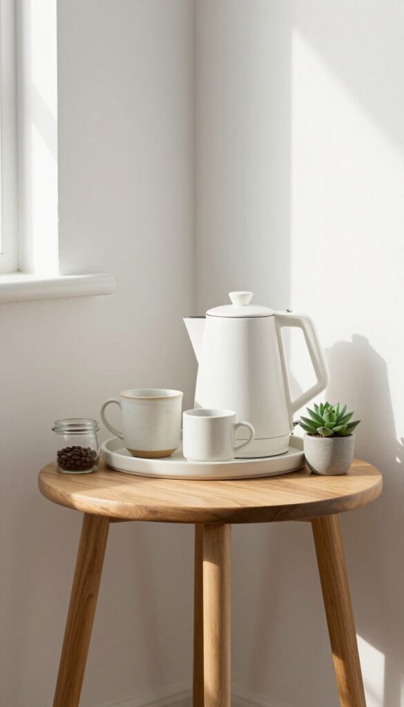 A cozy coffee station on a wooden side table in a bright kitchen corner, with a tray, kettle, mugs, and a small plant.