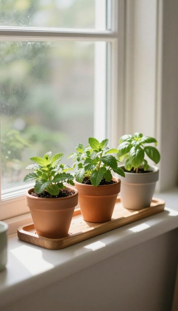 Kitchen window sill herb garden with terracotta pots of mint, coriander, and basil in natural light
