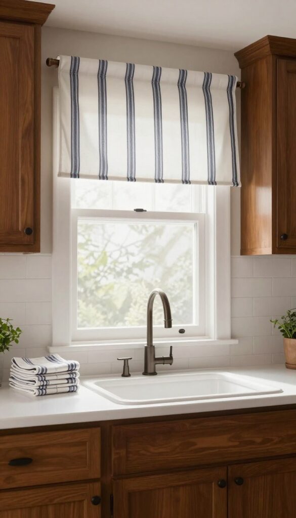 Bright kitchen with brown cabinets, white valance with vertical navy stripes above sink, and striped dish towel on counter, creating a sense of height.