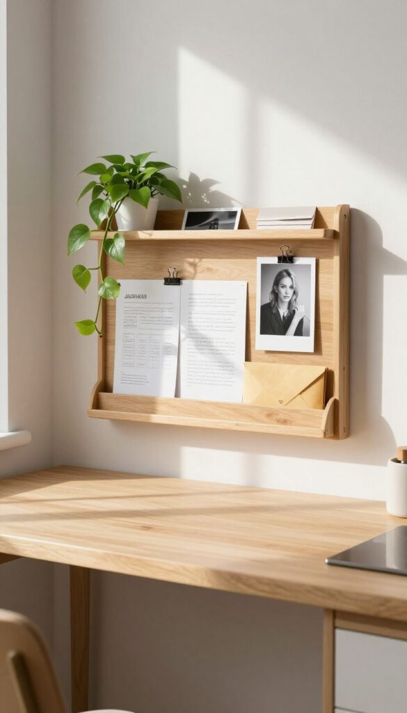 A vertical wall file mounted above a kitchen desk, holding papers and a small plant, with natural light and a clean, organized look.