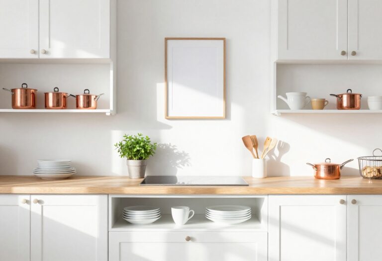 Kitchen with a white pegboard wall holding copper pots and utensils, and a small shelf with dishes and herbs.