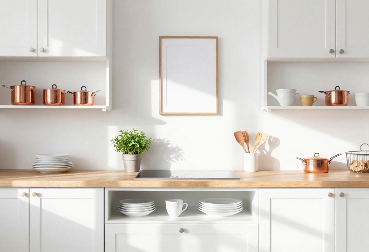 Kitchen with a white pegboard wall holding copper pots and utensils, and a small shelf with dishes and herbs.