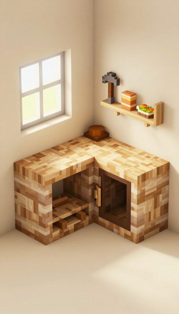 Minecraft L-shaped kitchen counter with hidden furnace under trapdoor, stone brick countertop, spruce cabinets, and item frames on wall.