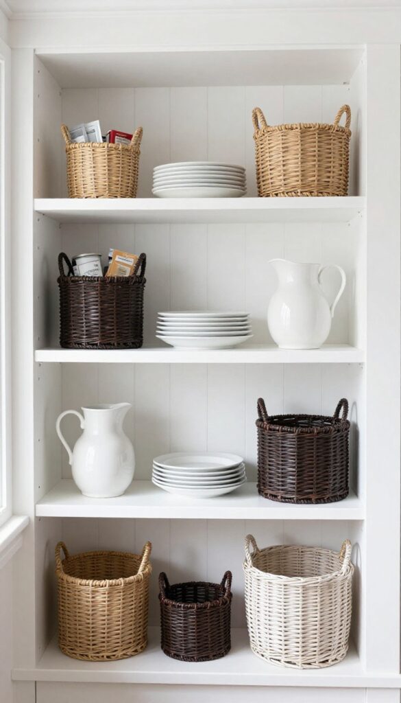 Open shelving with woven baskets in a bright butler's pantry, displaying a layered, organized look with natural textures.
