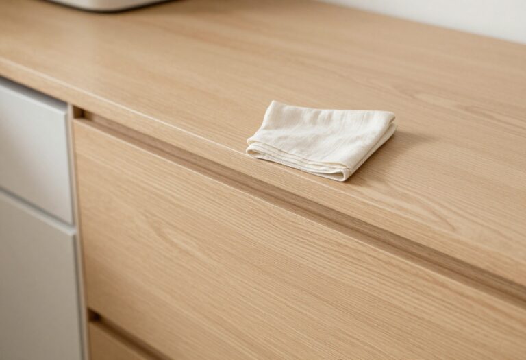 Clean wood kitchen cabinets with a soft cloth, showing a gentle shine.