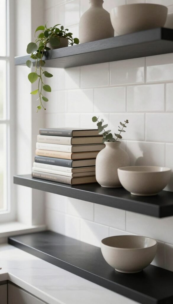 Open black shelving with layered decor in a modern kitchen, featuring cookbooks, ceramics, and greenery on matte black floating shelves.