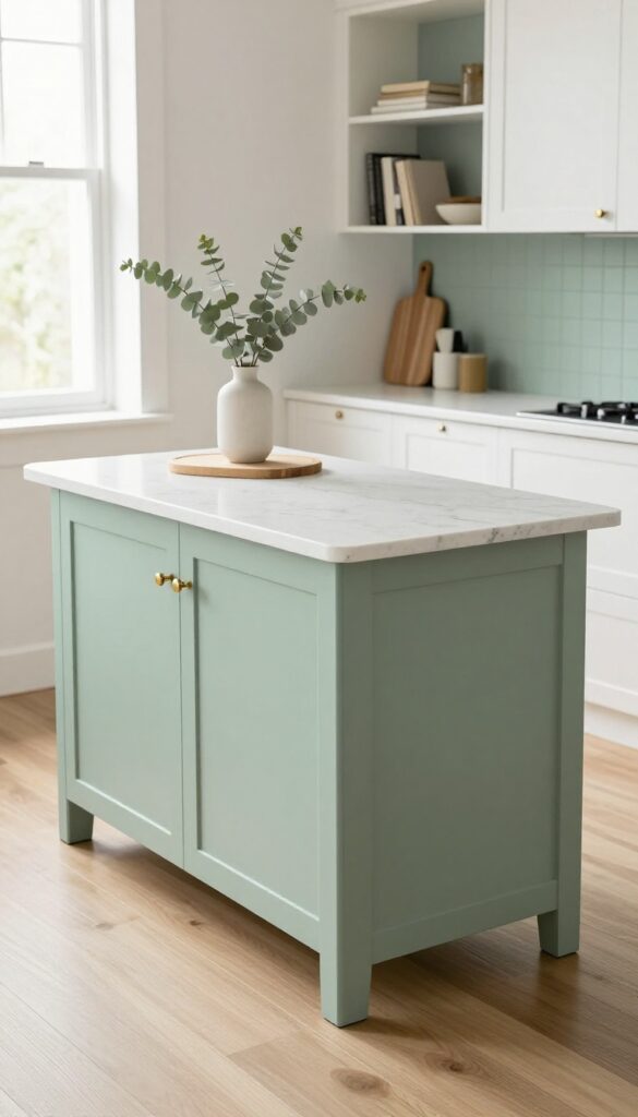 Modern kitchen island with sage green painted base, white quartz top, brass hardware, wooden cutting board, eucalyptus vase, and cookbooks in bright natural light.