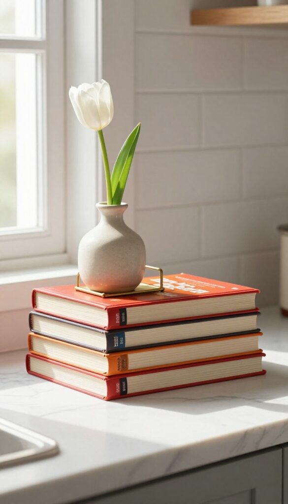 Stack of colorful cookbooks on a kitchen shelf with a brass bookend and a small vase with a single tulip