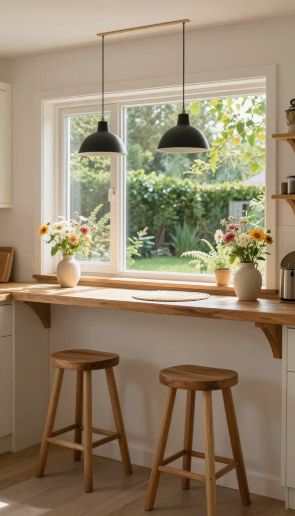 Kitchen window seat with low-profile breakfast bar, wooden shelf, stools, pendant light, and garden view