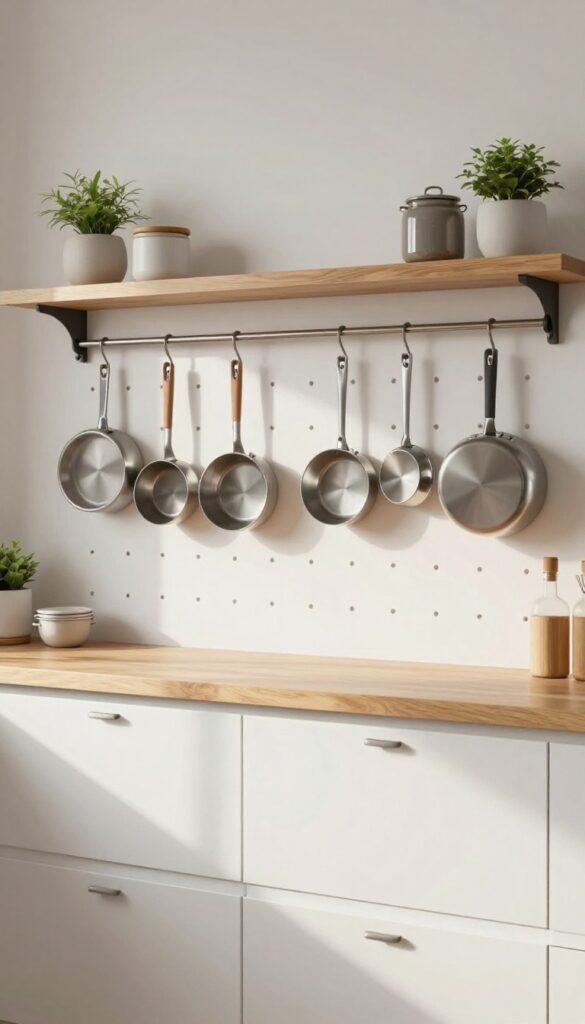 Pegboard wall in kitchen holding pots and pans with shelf above