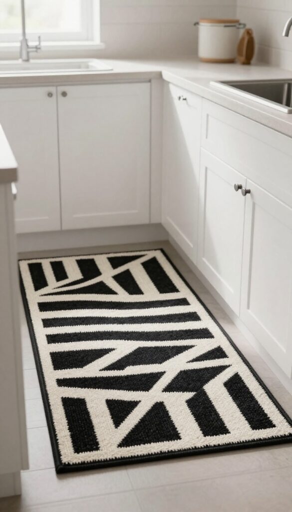 Small kitchen with a bold patterned runner rug in front of the sink