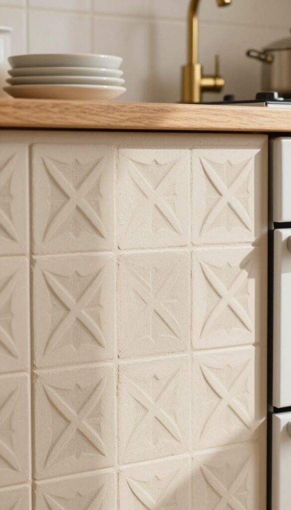 Stenciled cement tile look kitchen backsplash with geometric pattern, natural wood shelves, and brass fixtures