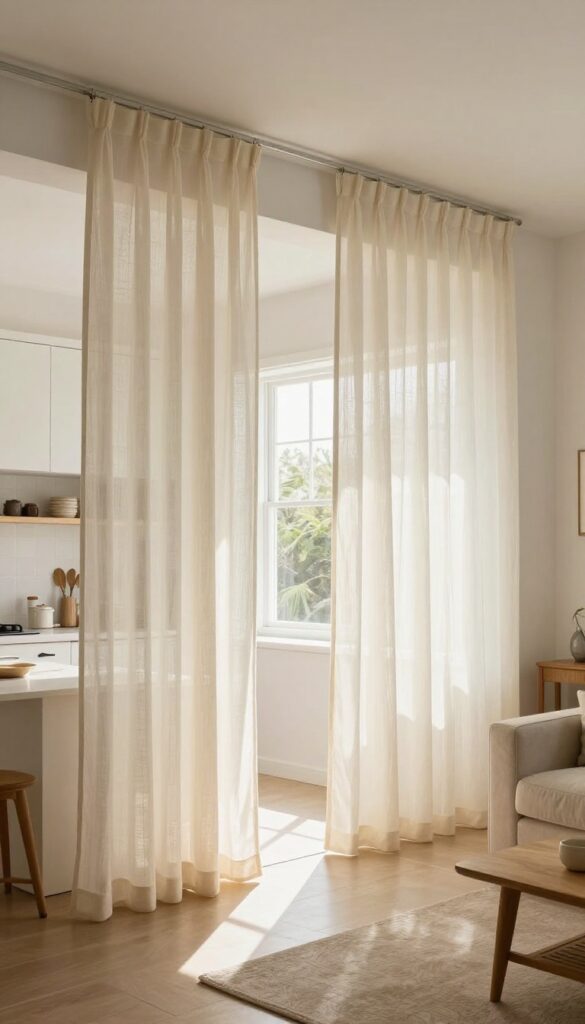 Open-concept kitchen and living room with floor-length sheer curtains dividing the spaces, soft natural light, neutral decor.
