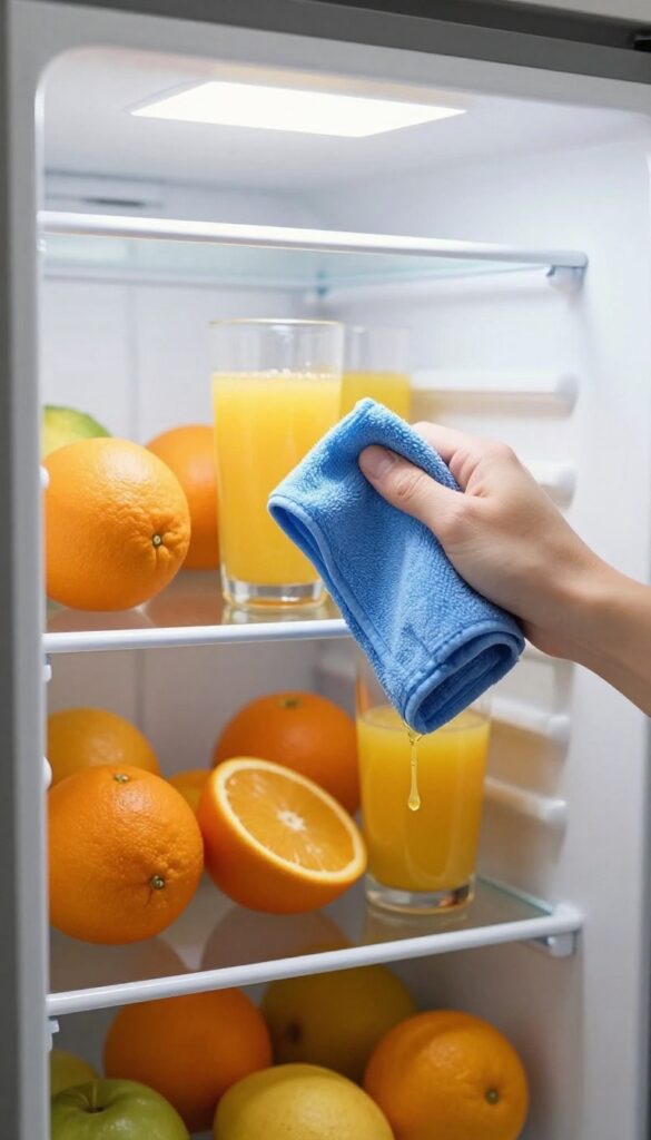 Close-up of wiping a fresh orange juice spill on a refrigerator shelf with a microfiber cloth