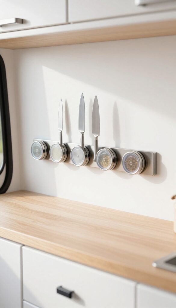 Campervan kitchen with magnetic knife strip and spice tins mounted on wall