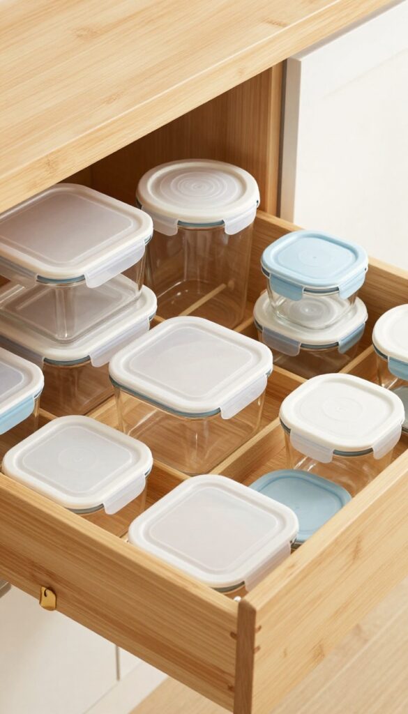 Deep kitchen drawer with wooden pegs organizing plastic containers and lids in a custom grid.