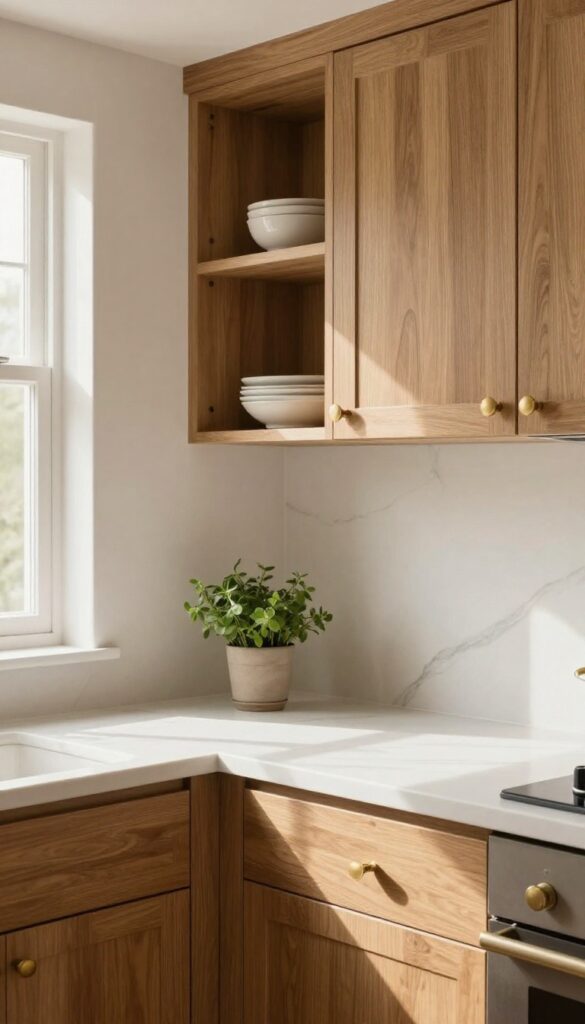 White soapstone countertop with honed finish in a bright kitchen with wood cabinets and brass hardware