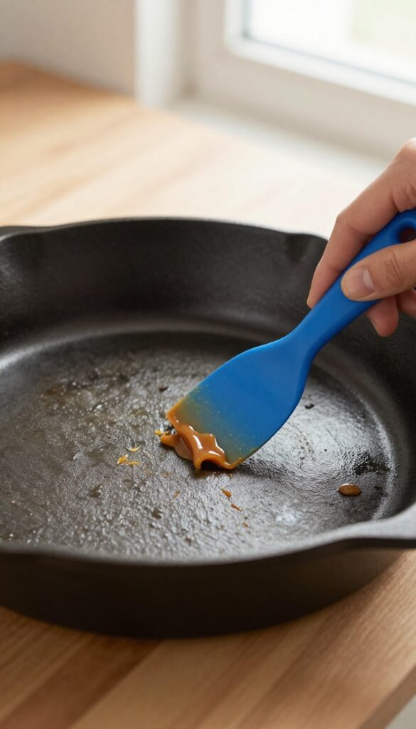 Hand using a blue plastic scraper on a warm cast iron skillet to gently remove food residue without damaging the seasoning.