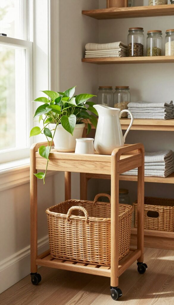 A narrow wooden rolling cart in a cozy butler's pantry with storage for produce, utensils, and a plant.