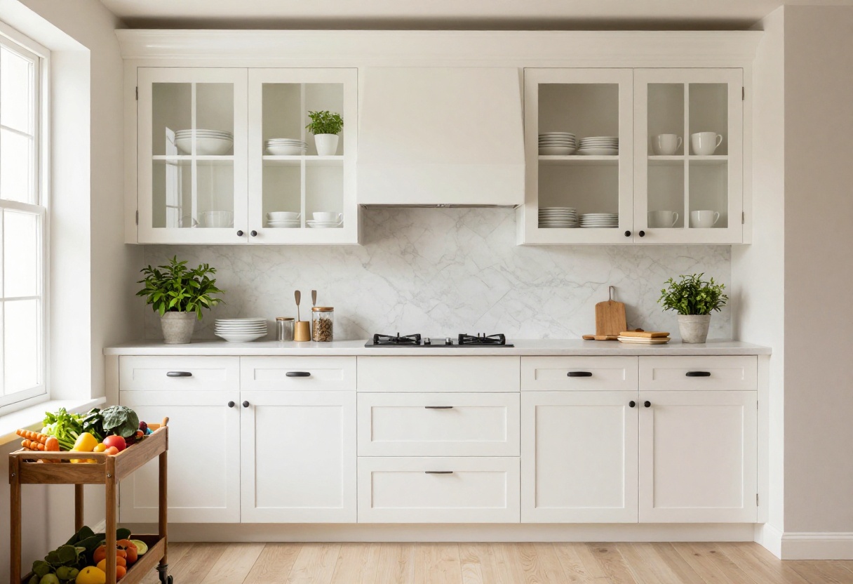 Small aesthetic kitchen with open shelving, white cabinets, marble backsplash, and wooden rolling cart