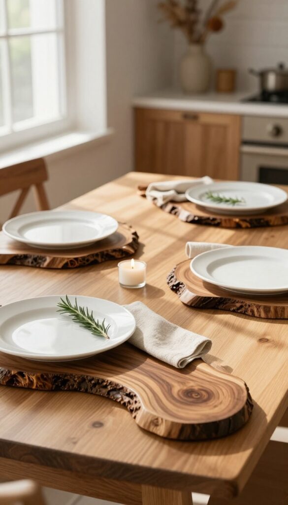 A dining table set with live-edge wood chargers, white plates, and linen napkins in warm natural light.