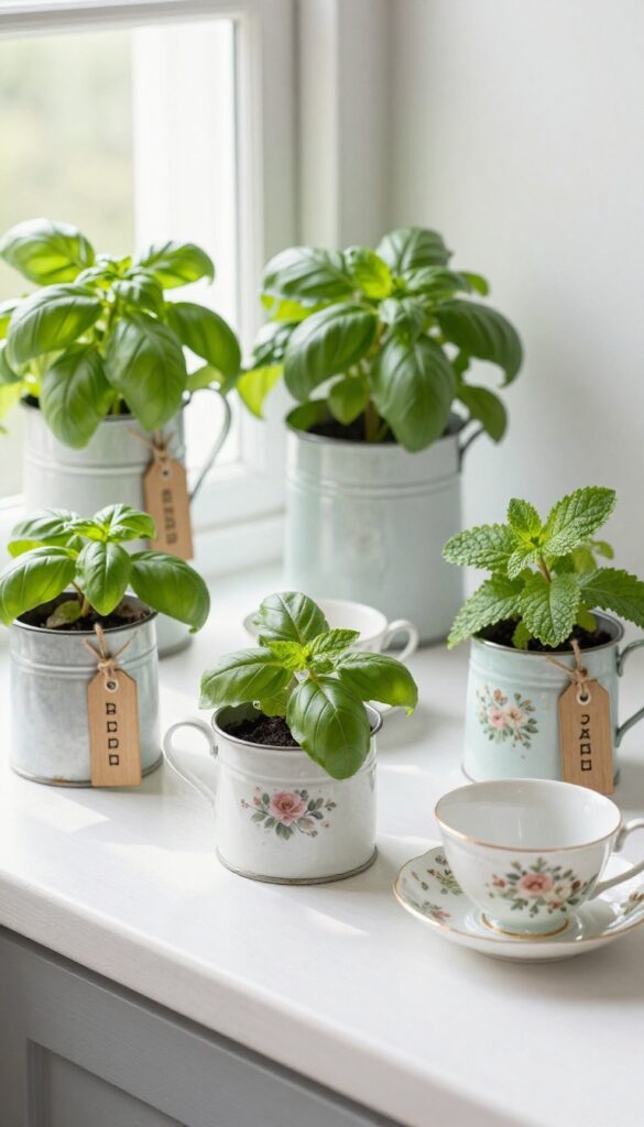 A miniature herb garden on a kitchen windowsill using vintage teacups and tin pots as planters, with fresh herbs and tiny labels.