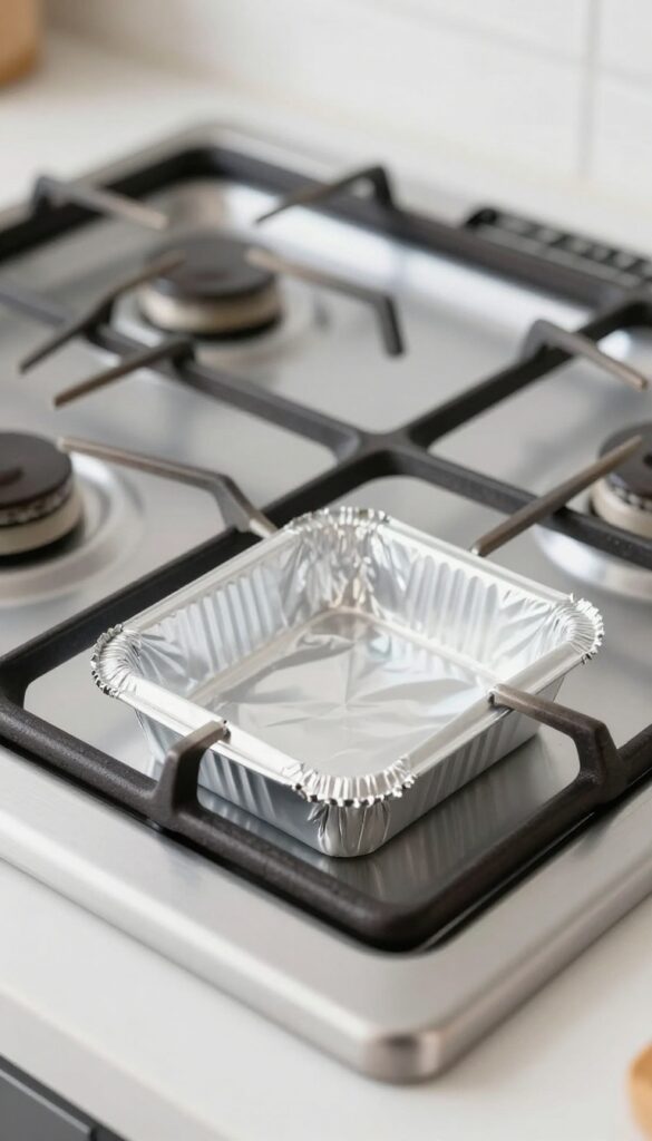 Aluminum foil lining the drip pans under clean stove grates to prevent grease buildup