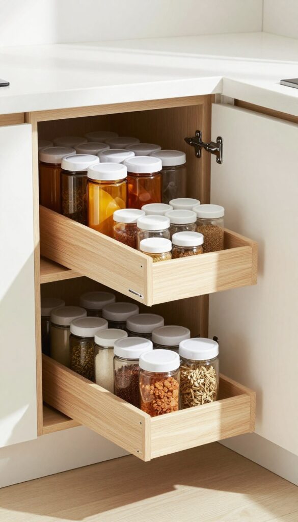 Pull-out drawer insert in deep kitchen cabinet with organized spice jars, tiered design, natural light, photorealistic interior photography.