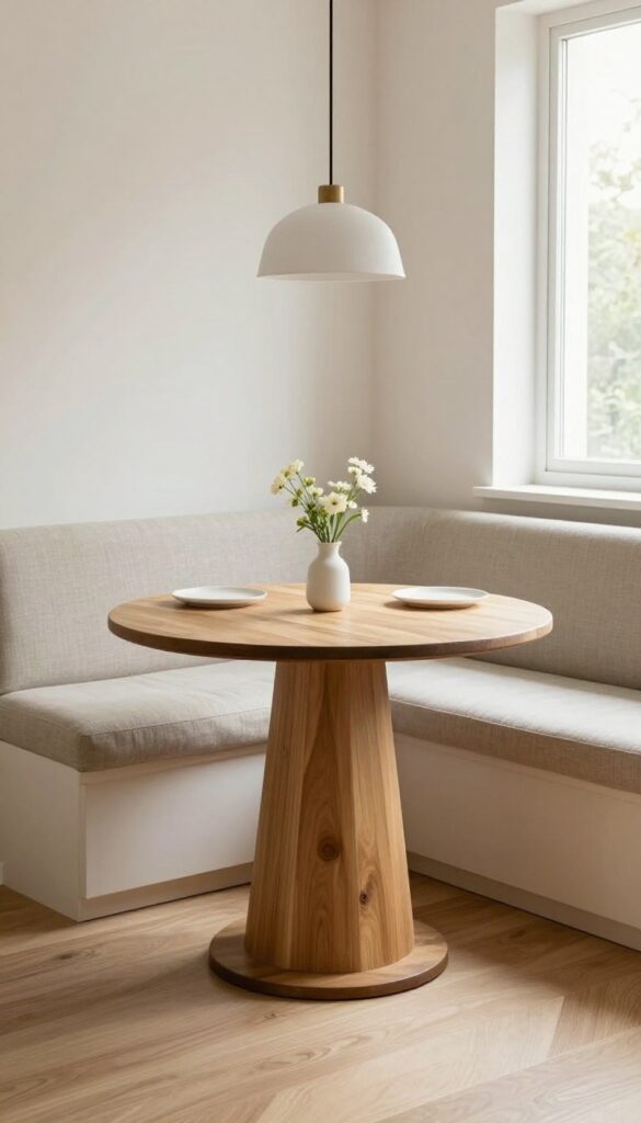 Cozy kitchen nook with round pedestal table and curved built-in bench in bright natural light
