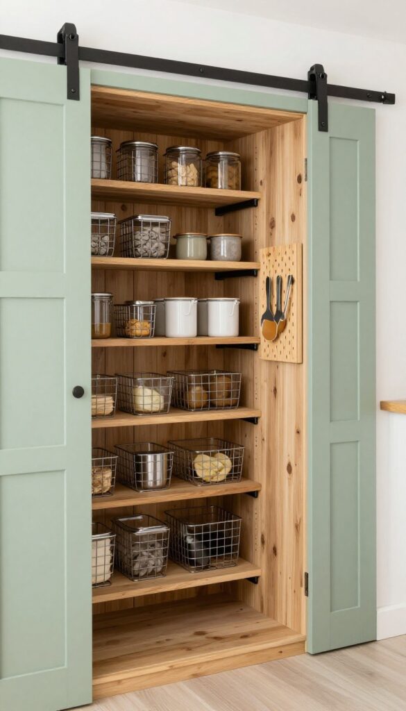Hidden pantry behind a sage green barn door in a bright kitchen with organized shelves and clear storage bins.